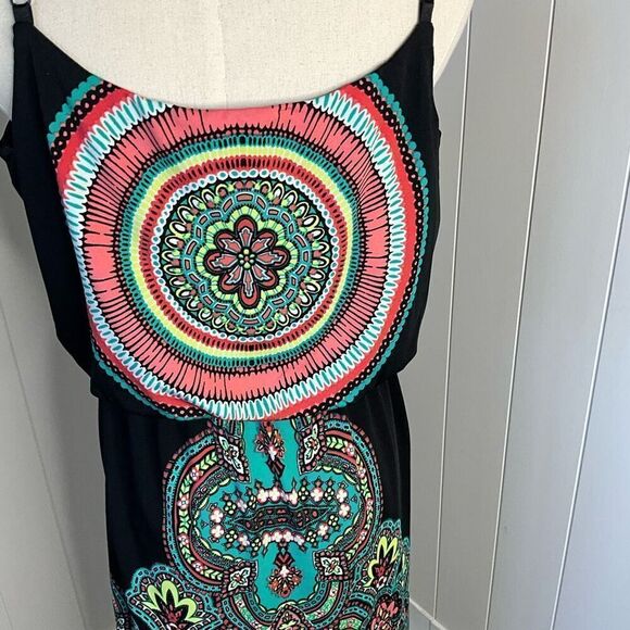 Studio Y Womens Size Large Mini Sundress Black Turquoise Print Adjustable Straps - Picture 6 of 12